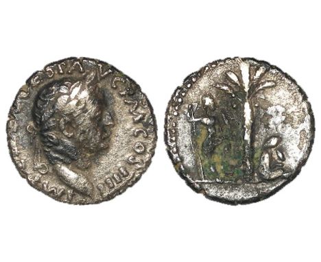 Vespasian, silver denarius [regular series], Antioch Mint 72 A.D., reverse:- Judaea, captive, seated at right beneath palm tr