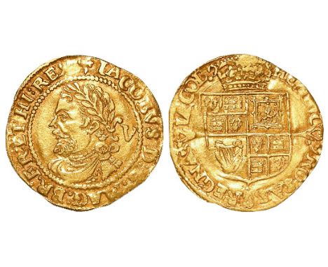 James I, Third Coinage 1619-1625 gold quarter-laurel, bust tie ends form a bracket to value and beaded inner circle on the ob