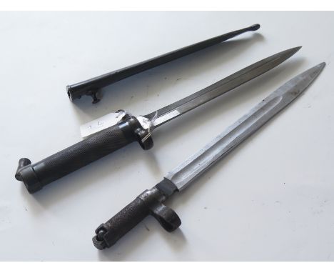 Bayonets: 1) Swedish Pattern 1896 knife bayonet in its steel scabbard in good condition. 2) Kalashnikov folding bayonet, no s