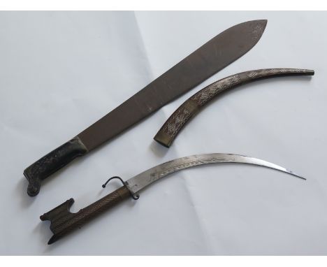 Swords: 1) A large horn machete broad blade 20" (makers mark tortoise logo?) 2) An Indian tourist decorative type short sword