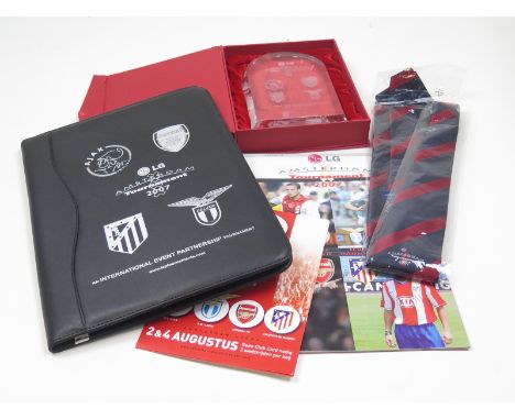 Amsterdam Tournament 2007 cased glass plaque engraved with crest of 4 competing teams Arsenal Ajax Lazio Athletico Madrid. In