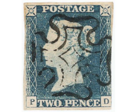 GB - QV 2d Blue Plate 1 (P-D) three margins, just in R/H side. Good strike upright black MX, no thins or creases, fine used c