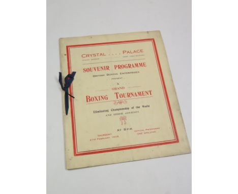 Boxing rare programme for Tournament at Crystal Palace 21/2/1929, large format VIP edition with ribbon Jack Hood v Len Harvey