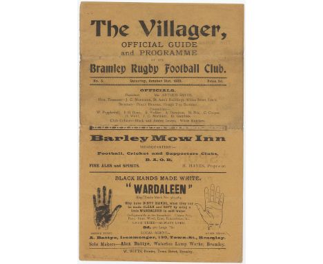 Programme - Bramley Rugby Football Club v Dewsbury 21st October 1922. A 1st Team game, Yorks Cup ?