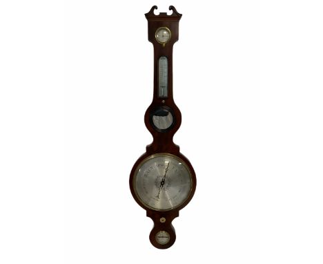 A Victorian mahogany five dial mercury wheel barometer with satinwood stringing to the edge, 10 inch circular silvered regist