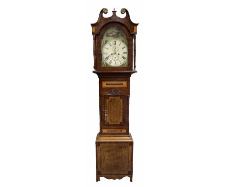 Mid-19th century oak and mahogany longcase clock with a swan neck pediment and brass patera with a short central brass finial