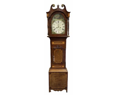 Mid-19th century oak and mahogany longcase clock with a swan neck pediment and brass patera with a short central brass finial