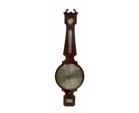 A mid-Victorian four dial mercury wheel barometer in a mahogany veneered case, Swan-neck pediment and moulded square base, re