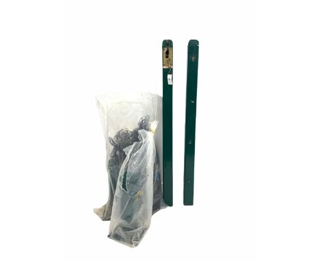Vintage tennis court set, to include two posts with brass winding handle, and a large net