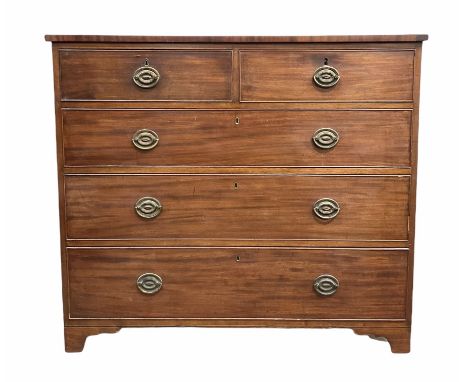 George III mahogany chest, the top with ebonised string inlay over two short and three long graduated cock beaded drawers wit