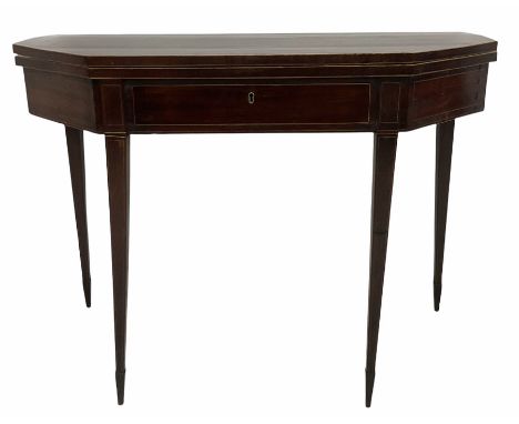 Georgian mahogany tea table, canted form, the figured fold over top over single frieze drawer, double gate leg action base, s