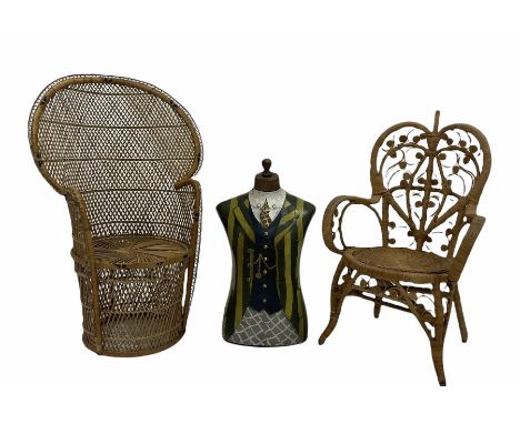 Vintage mid 20th century split cane peacock chair with high back and cylindrical base, together with another vintage wicker c