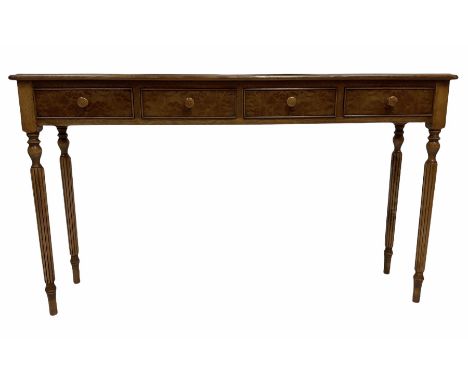 Regency style hardwood hall console table, the figured cross banded top with satinwood inlay over four cock beaded frieze dra