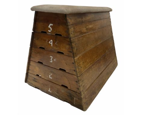 Vintage sectional pommel horse, varnished hardwood 'A' frame with leather top, retractable castors to base L137cm
