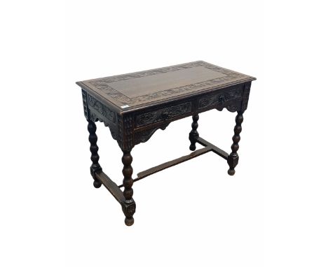 18th century style carved oak side table, the top with incised scrolled acanthus border over two frieze drawers, raised on bo