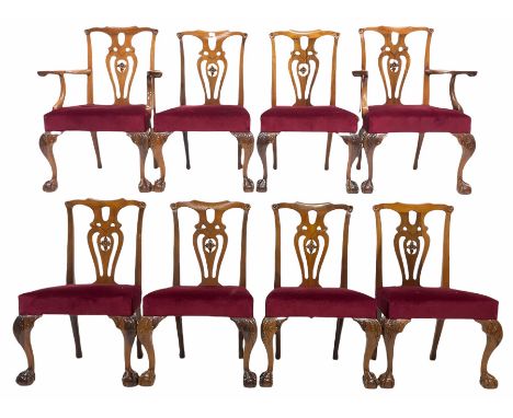 Set eight (6+2) Chippendale style walnut dining chairs, shaped crest rail with carved floral roundels over pierce carved spla