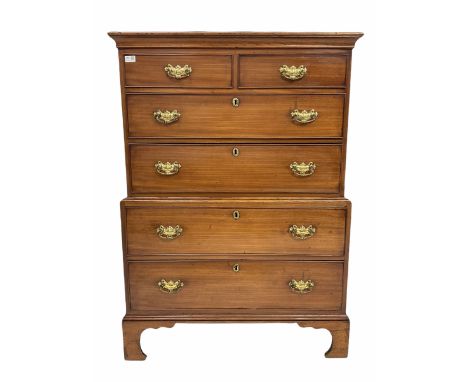 George III mahogany chest on chest, two short and five long graduated cock beaded drawers with hammered plate brass pull hand