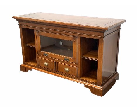 20th century cherry sideboard TV stand, centred by a hi fi cabinet with glazed up and over door and drawer, flanked by an adj