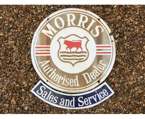 A Morris Authorised Dealer circular enamel sign, faded, 28 1/2" diameter, with curved double sided enamel sign attachment for