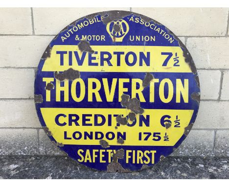 An early AA and Motor Union circular enamel village sign for Thorverton, near Tiverton and Crediton, the sign unusually mostl