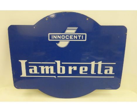 A Lambretta by Innocenti double sided hanging enamel sign in very good condition, 35 1/2 x 28 1/4".
