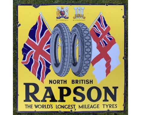 A rare Rapson 'The World's Longest Mileage Tyres' pictorial enamel sign with excellent gloss, 36 x 36". 