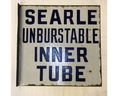 A rare Searle Unburstable Inner Tube double sided enamel sign with hanging flange, in good condition, 15 x 15". 