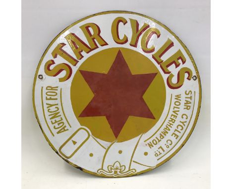 A rare Star Cycles circular 'Agency' double sided enamel sign with some restoration, 14" diameter.