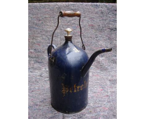 A five litre petroleum container in cobalt blue enamel circa 1900.