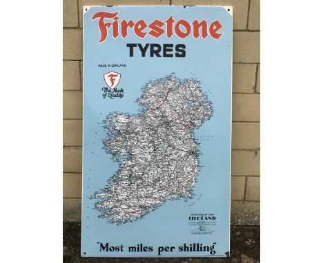 A Firestone Tyres enamel sign depicting the main roads map of Ireland, in very good condition, 20 3/4 x 48 1/4".