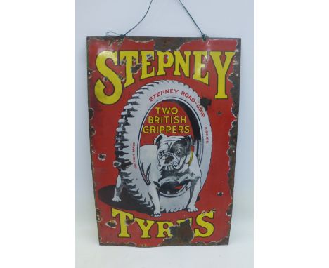 A rare and early Stepney Tyres pictorial enamel sign depicting a bulldog to the centre, in good original condition, 19 x 29".