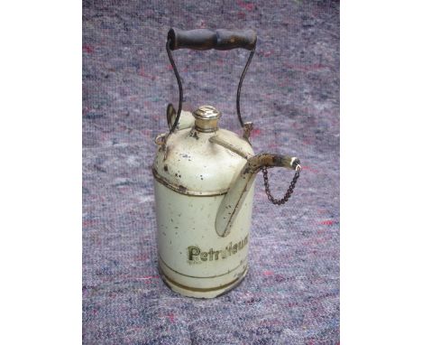 A one litre engine priming tap filling kettle complete, cream body with original spout, cap and chain etc. circa 1896.