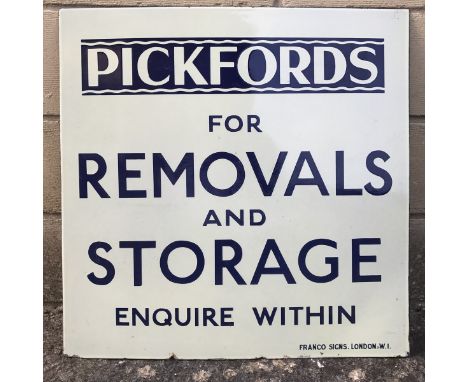 A 'Pickfords for Removals and Storage' enamel sign by Franco, 20 x 20".