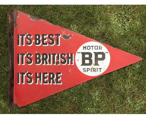 A rare and early BP Motor Spirit 'It's Best, It's British, It's Here' enamel pennant, double sided with hanging flange by Fra