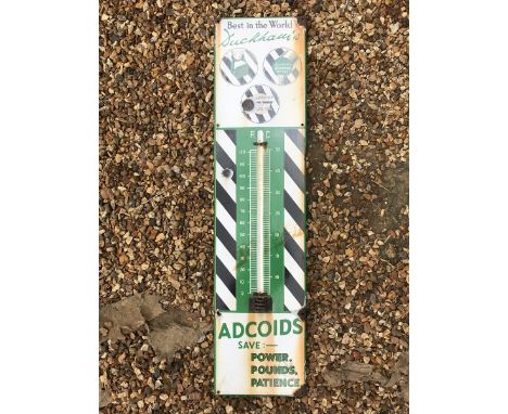 A Duckham's Adcoids black and white enamel thermometer, with fading and lacking tube, 11 x 45 1/4".