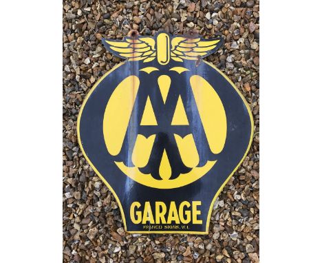 An 'AA Garage' shaped double sided hanging enamel sign by Franco Signs W1, 21 3/4 x 25".