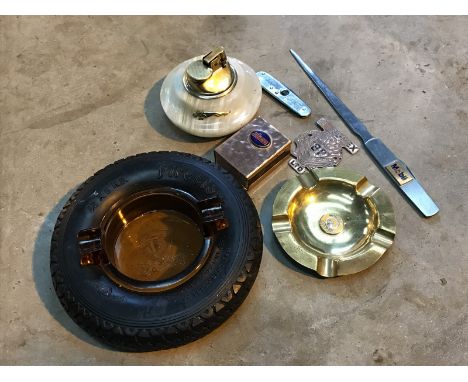 A Firestone Tyre framed glass ashtray, a Shellmex and BP Limited part enamel badge and various other motoring related promoti
