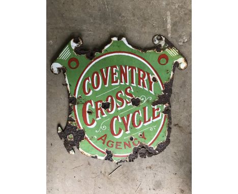 A rare Coventry Cross Cycle Agency shaped enamel sign, 15 3/4 x 15".