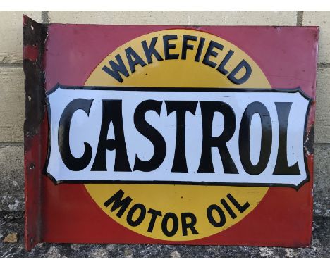 A good Wakefield Castrol Motor Oil double sided rectangular enamel sign with hanging flange, 19 1/2 x 15 3/4". 