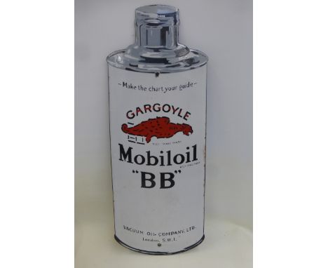 A rare Mobiloil can shaped enamel sign for 'BB' grade, in excellent condition, 7 1/4 x 19 1/2".