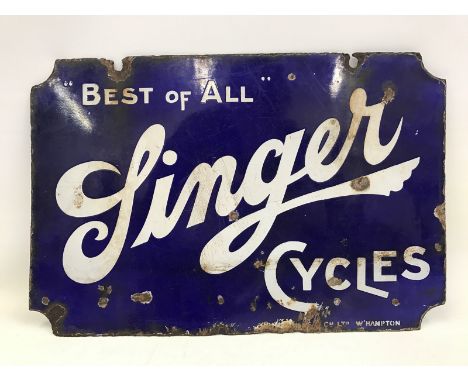 An early Singer Cycles double sided enamel sign by Orme, Evans & Co. Ltd., 18 x 12". 