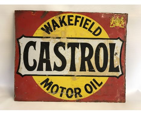 A Wakefield Castrol Motor Oil double sided enamel sign by Bruton, with Royal crest to one corner, lacking hanging flange, 20 