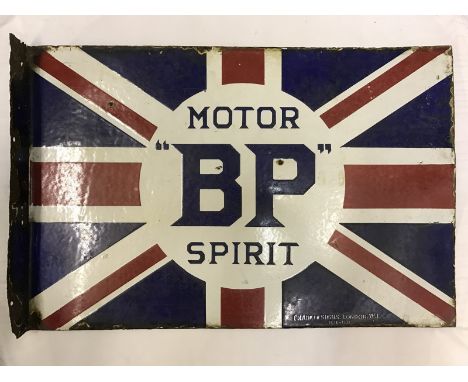 A BP Motor Spirit Union Jack double sided enamel sign with hanging flange, unusually by Franco Signs, London W1, 24 x 16".