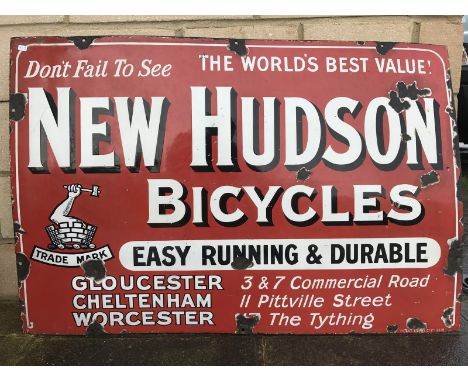 A New Hudson Bicycles rectangular enamel sign 'Easy Running and Durable', Gloucester, Cheltenham and Worcester, by Patent Ena