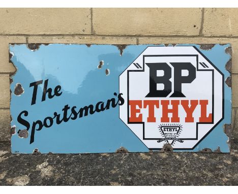 A rare BP Ethyl 'The Sportsman's' part pictorial enamel sign with globe motif, 36 x 18". 