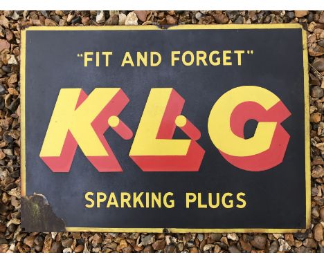 A KLG 'Fit and Forget' Sparking Plugs rectangular enamel sign, 20 x 14 1/2".