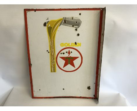 A rare Golden Texaco double sided enamel sign with hanging flange, unusually the sign is unfinished, 17 1/2 x 23".