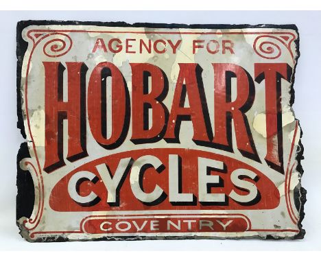 A rare Hobart Cycles of Coventry double sided 'Agency' enamel sign with older repairs and restoration, 19 1/2 x 15". 