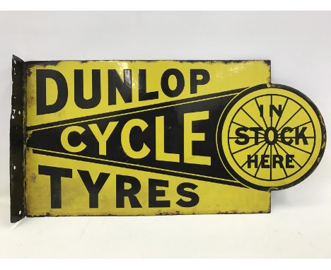 A Dunlop Cycle Tyres 'In Stock Here' double sided enamel sign with hanging flange by Griffiths and Browett Limited, Birmingha