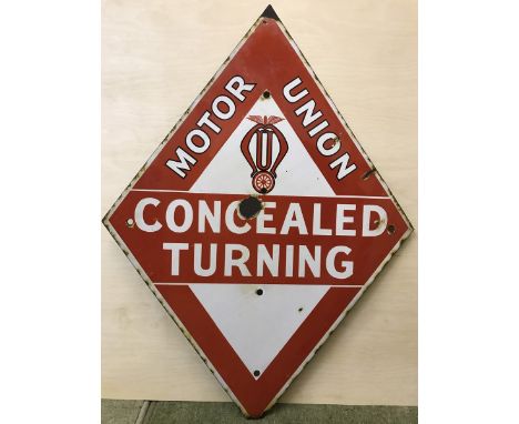 A rare Motor Union 'Concealed Turning' lozenge shaped enamel sign, 22 x 29 1/2".